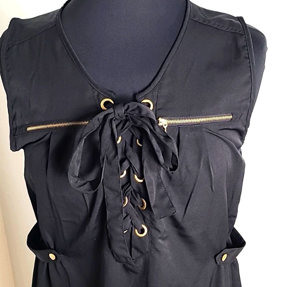 Eighty.Eight Black Sleeveless Mini-Dress, Lace-up Front, Gold Zippers,Size Large - Picture 4 of 9